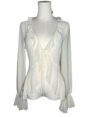 Kimchi Blue Sheer Cream Ruffle Trim Bell Sleeve Lace Tie Front Fairycore Blouse